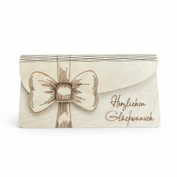 Geöffneter Holz‑Umschlag aus Sperrholz mit Innenfach für Geldschein oder persönliche Botschaft